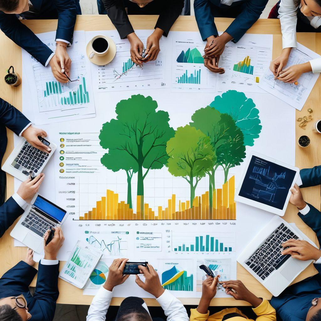 A vibrant collage featuring a diverse group of people engaged in financial planning activities, such as discussing charts, analyzing investment options, and using digital devices. The background showcases symbols of wealth like stacks of coins, a growing tree made of money, and upward-trending graphs. The color palette is lively and inspiring, emphasizing growth and prosperity. The atmosphere is motivational and collaborative. super-realistic. vibrant colors. white background.