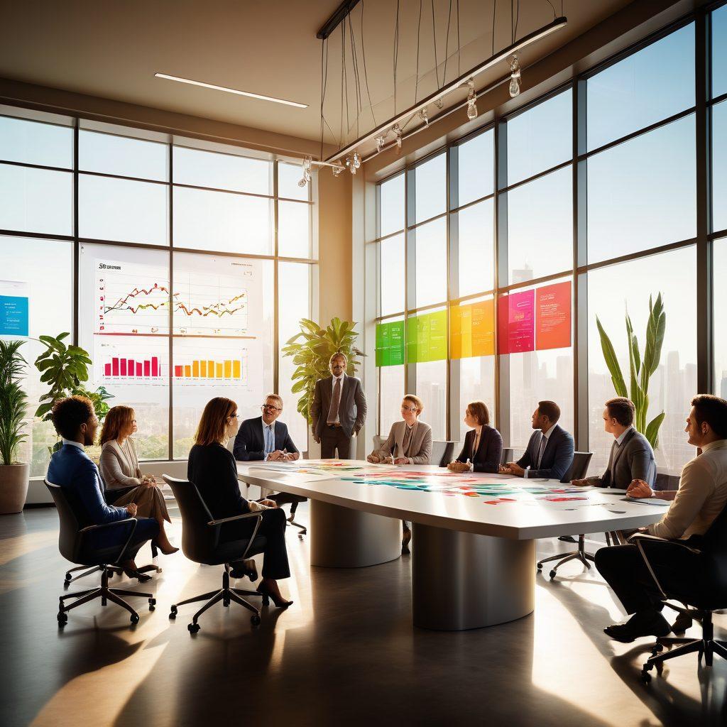 A captivating scene featuring a diverse group of professionals strategically discussing attractive banking solutions around a modern conference table, filled with charts and graphs symbolizing wealth growth. Soft sunlight beaming through large windows, potted plants adding a touch of freshness, and a digital screen showcasing engaging financial data. Emphasize a sense of collaboration and innovation. super-realistic. vibrant colors. bright and modern atmosphere.