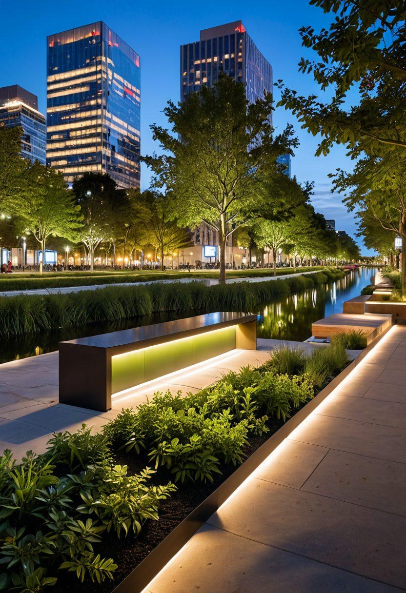 A serene city skyline at dusk, illuminated by warm lights reflecting off a tranquil river, with diverse people enjoying a park space—some discussing finances while others are reading books on investment. Incorporate elements like modern architecture, lush greenery, and a subtle hint of technology. super-realistic. vibrant colors. dreamy atmosphere.